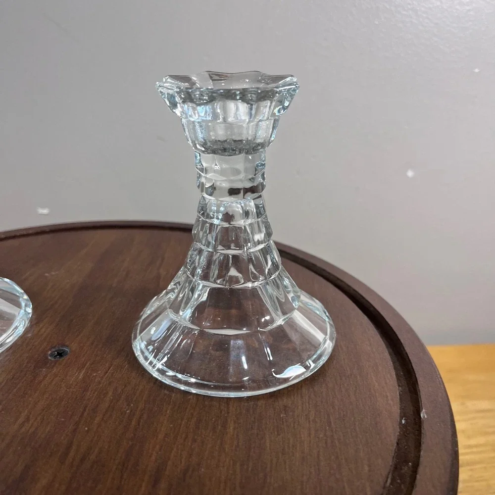 Vtg HOMCO Cubist Candlestick Holders Clear Pressed Glass Set of 2 MCM Decor